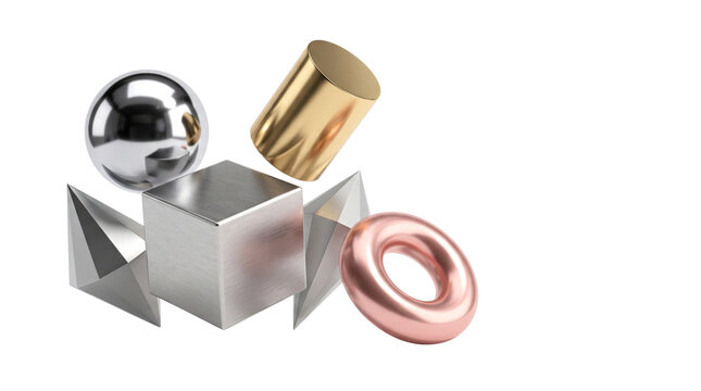 Metallic 3D geometric shapes, floating chrome sphere and gold cylinder, rose gold torus and silver cube with sharp prisms isolated PNG with Transparent Background