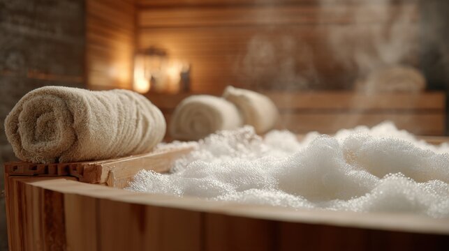 Close up luxury spa scene showing a large stone soaking tub filled with thick white foam after a sauna ritual, warm wooden sauna architecture softly