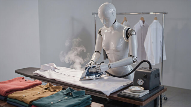 Humanoid robot using a steam iron on a white shirt on an ironing board in a clean laundry room space