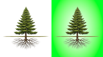 Two identical evergreen trees with roots © Ajaira