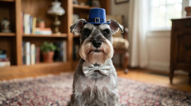 Schnauzer dog wearing blue top hat and silver bow tie sitting on rug