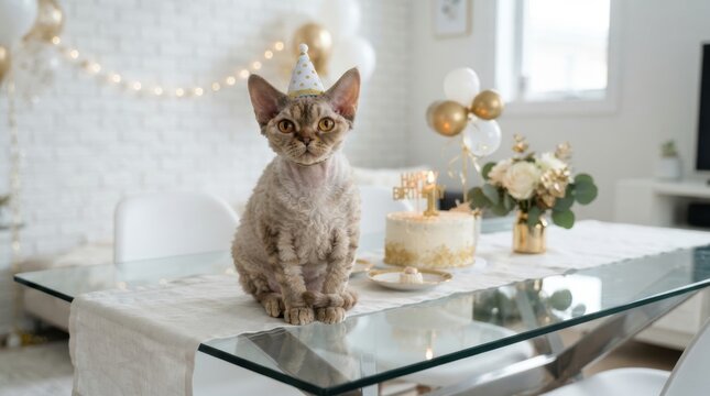 A cute Devon Rex cat sitting on a dining table with a party hat beside a cake and festive balloons c