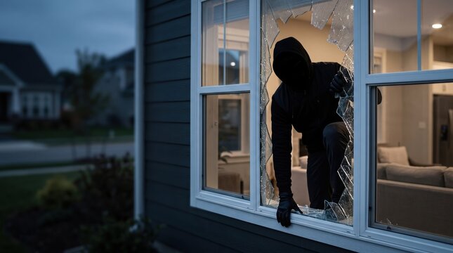 Faceless burglar emerging through a broken house window at night, representing burglary, theft, home invasion, property crime, anonymous intruder and residential security concerns