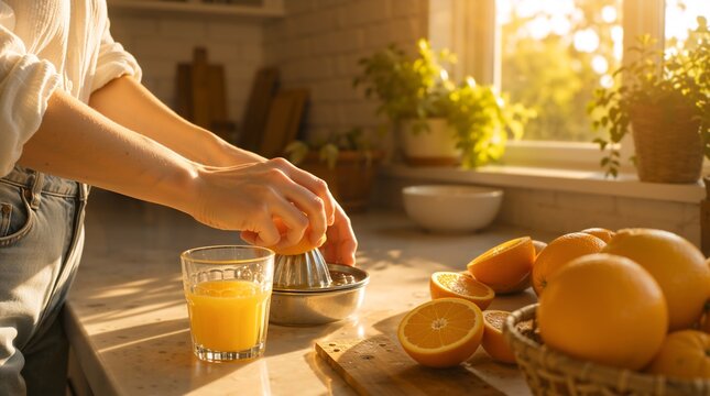 Woman squeezes fresh orange juice into a glass beside whole and halved oranges on a kitchen counter, with warm sunlight streaming through the window.