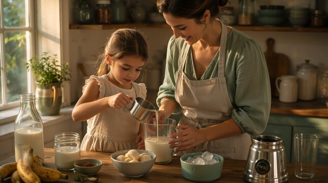 Mother and daughter prepare a smoothie together at a wooden kitchen table, pouring ingredients into a glass with fresh fruit, milk, and utensils in a warm home setting.