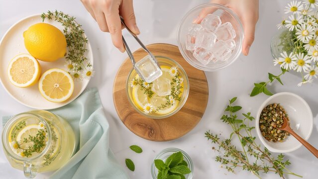 Hands add ice to a glass of fresh lemon herbal tea surrounded by citrus, flowers, and mint on a light tabletop, creating a bright refreshing summer drink scene.