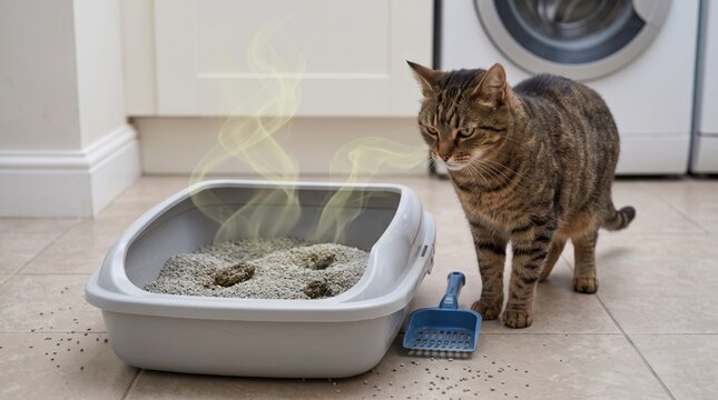 Tabby cat standing beside a dirty litter box containing visible feces, with unpleasant odor rising from the litter, representing pet hygiene, waste management, litter cleaning and household cleanlines