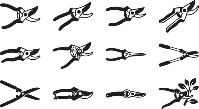 Set of black and white garden pruner shears and cutting tools for gardening work