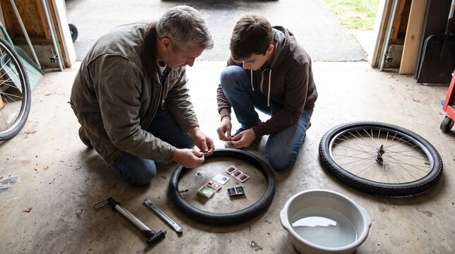 Father Teaches Teenager Son How to Repair Bicycle Tire Flat in Garage. Concept of teenager levers, tire puncture, patch kit, bike maintenance.