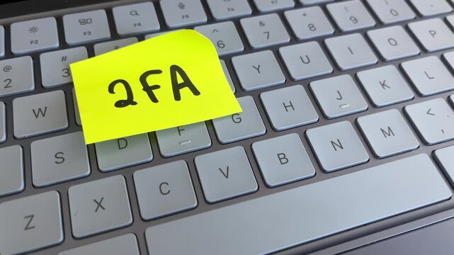 Two factor authentication sticky note on laptop keyboard