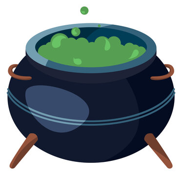 Witch cauldron with green magic potion cartoon icon