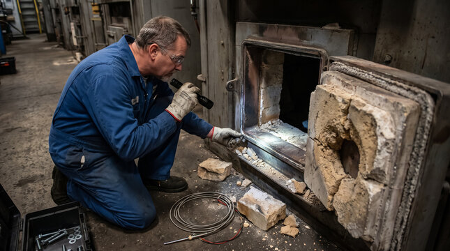 Industrial technician inspecting damaged refractory lining inside open furnace door with flashlight during maintenance. Concept of inspection, furnace repair.