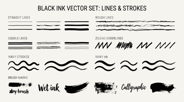 Black Ink Vector Set: Lines, Strokes, Brush Marks, and Wavy Textures