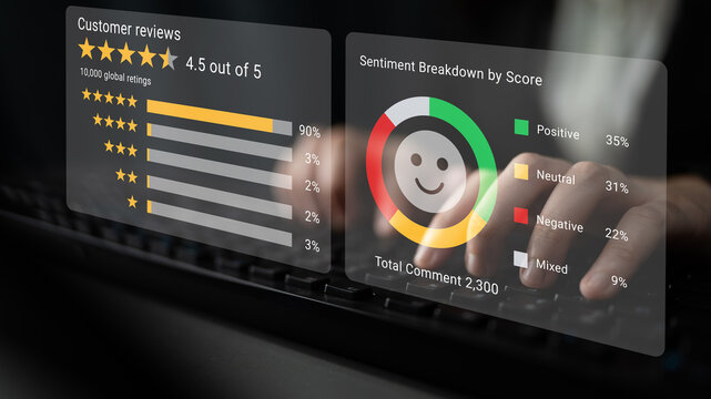 Visual representation of customer reviews and sentiment analysis using charts on a digital interface, highlighting key performance metrics for e-commerce strategies. Gantry