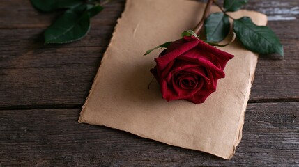 Obraz premium Deep red rose with green leaves resting on a brown paper envelope on dark wooden table