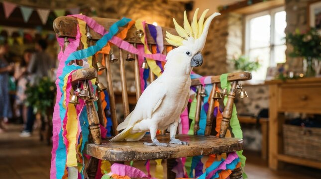 White cockatoo perched on a rustic wooden chair decorated with colorful ribbons in a rustic room coc