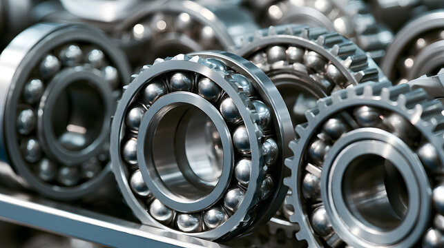 Metal balls and roller bearings with interlocking cogwheels were showcased on a trade show shelf, highlighting precision engineering, shiny steel components, and industrial machinery detail