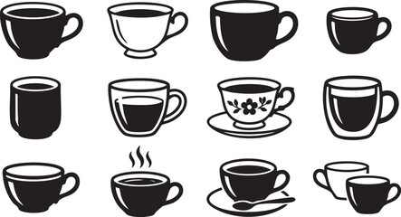 Fototapeta premium Set of various coffee cups and tea mugs in a simple black and white vector icon style