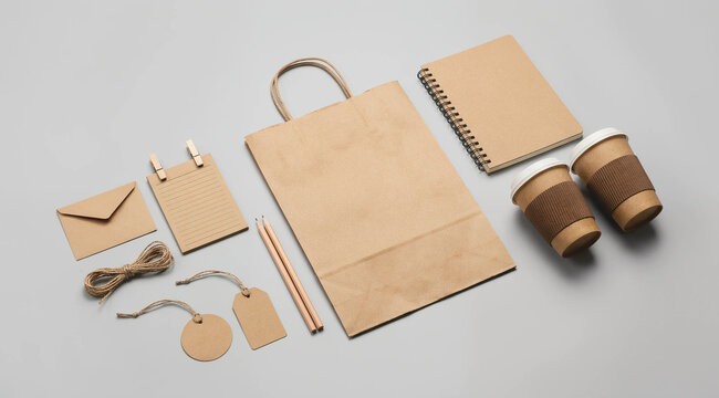 Blank Brown Paper Stationery Branding Set with Coffee Cups on Light Gray Background