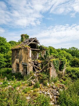 A desolate, crumbling abandoned building stands in ruins, its roof collapsed and walls decayed amidst wild, overgrown foliage, building, scene, outdoor
