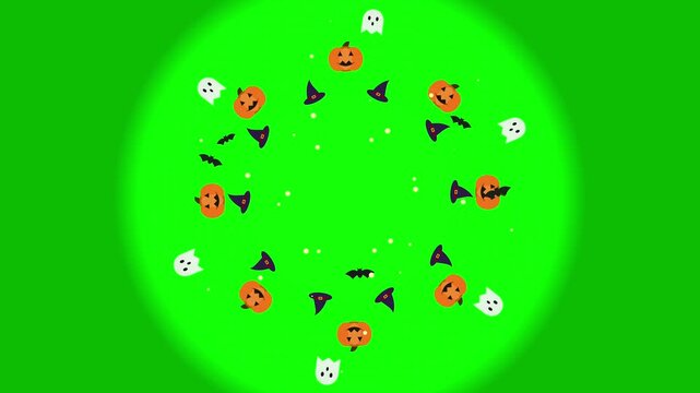 Halloween Spooky Frame Wreath Animation Rotating Pumpkins Ghosts Bats Witch Hats On Green Screen