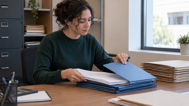 Focused female office clerk organizing confidential documents and folders at workplace desk. Concept of payroll assistant, file folder, organizing files, document management, paperwork.