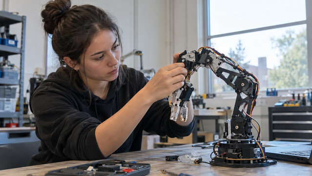 Young female student assembling robotic arm in modern maker lab workshop. Concept of stem education, engineering student, woman engineer.