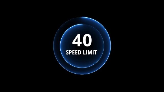 Dynamic road speed limit 40 graphic with futuristic blue neon glow effect on a black background for presentations and technology. Road speed limit 40 mph sign board,circle neon line template