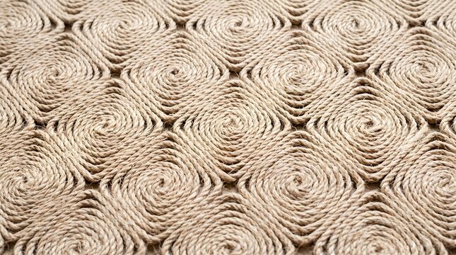 Close up of a textured rug made from coiled natural jute rope