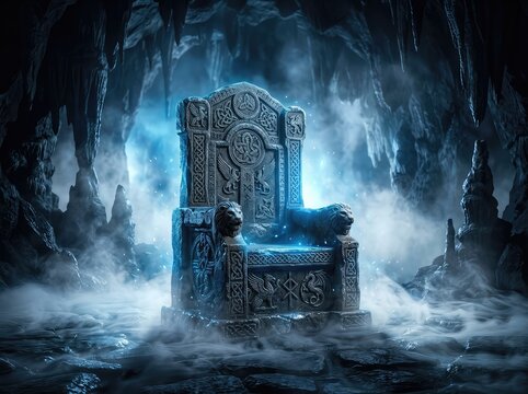 A majestic, hand-carved stone throne rests deep within a dark, cavernous chamber, bathed in mystical blue light and surrounded by swirling fog, glowing, medieval, dark