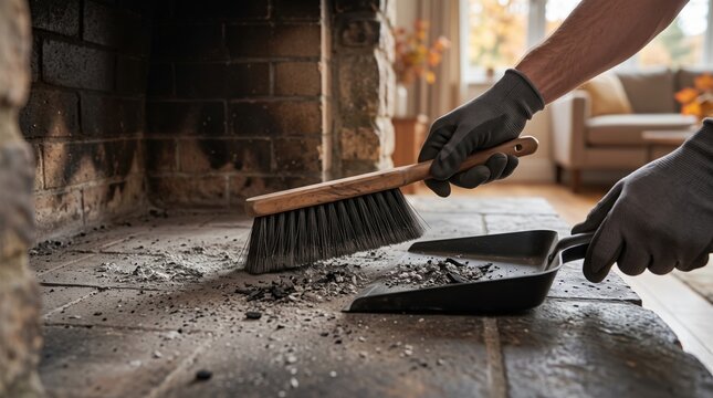 Person cleaning ashes from a fireplace with a brush and dustpan, representing fireplace maintenance, home heating, fire safety, winter preparation and household care