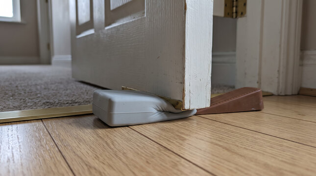 Soft Silicone Doorstop Compressing Under Open Wooden Door on Laminate Floor. Concept of door stop, door wedge, home interior, safety, home improvement, flexible.