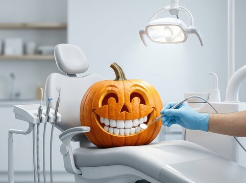 A smiling carved Halloween pumpkin with perfect white teeth sits in a modern dental chair, receiving a professional checkup and cleaning treatment, tool, light, health