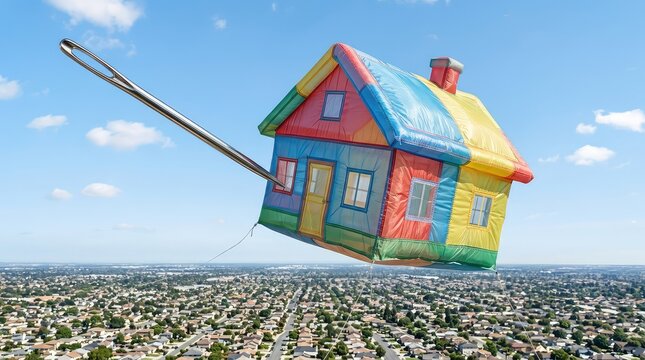 An inflated house with a fragile appearance soars through the air above a dense residential landscape. A large needle approaches to burst it, unsustainable, property, visual metaphor