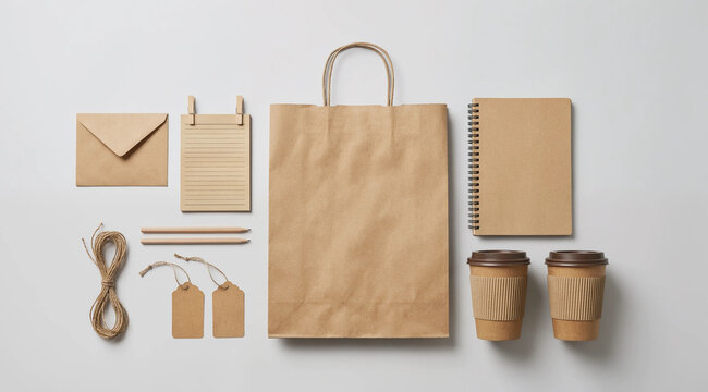 Eco Friendly Stationery and Packaging Mockup Set with Paper Shopping Bag and Coffee Cups
