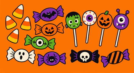 Obraz premium Spooky halloween candies collection featuring cute vector illustrations of orange pumpkin lollipops green frankenstein heads wrapped skull sweets bat candies and colorful sugar corn treats set on a br