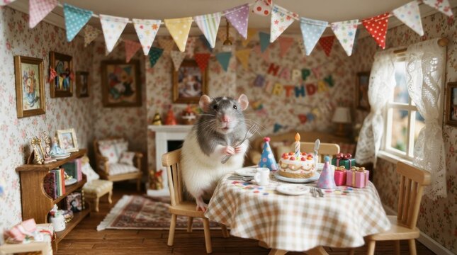 A large rat sits at a birthday table with a cake and decorations in a cozy room