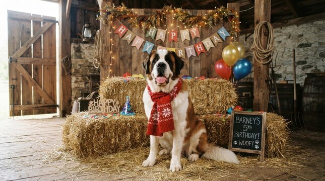 Saint Bernard dog wearing red scarf sitting on hay bales in decorated barn