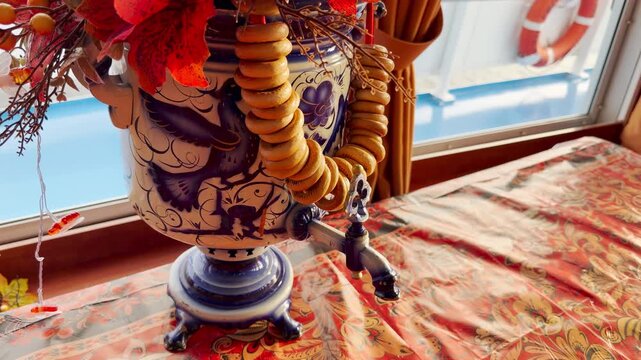 A decorated samovar sits by a window inside a cruise ship on Lake Ladoga. Autumn leaves and berries bring a warm atmosphere. The cozy display creates a cheerful feeling.
