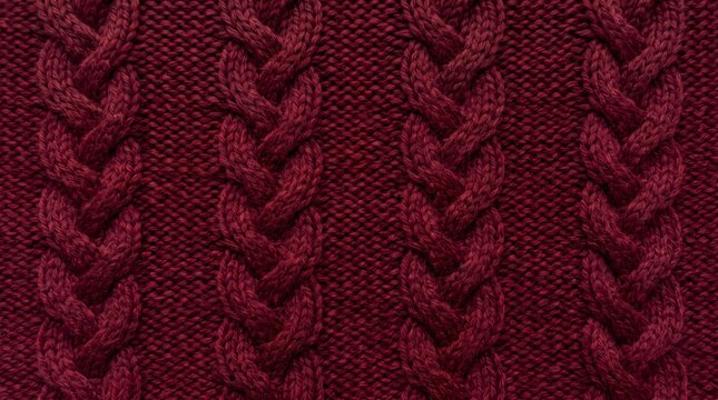 Closeup of a dark red knitted cable pattern sweater texture