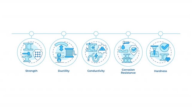 Properties of metals infographic circles animation. Metalworking industry products. Studying ore materials. Flowchart dynamic presentation with 5 steps process. HD video, motion graphics