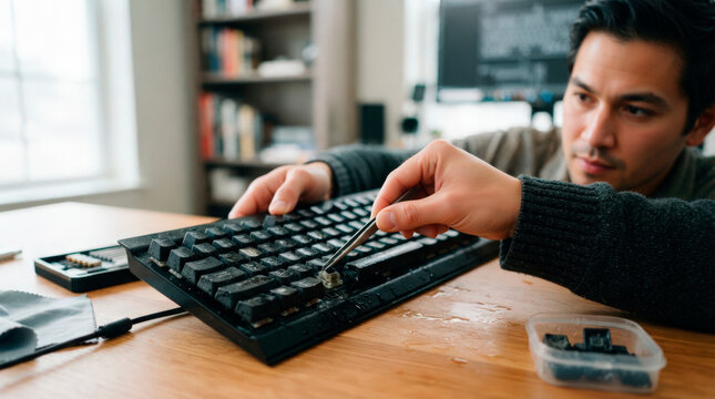 Keyboard maintenance with technician repairing mechanical keys and switches in home office. Keyboard disassembly includes cleaning components and inspecting functionality for users.