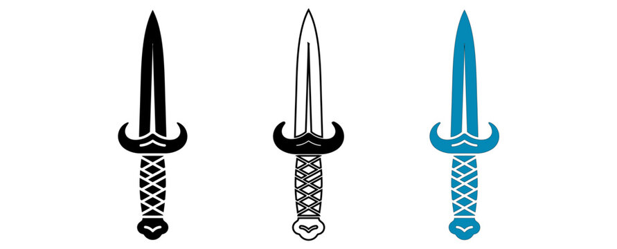 Three stylized medieval swords with intricate designs isolated on white background, Vector
