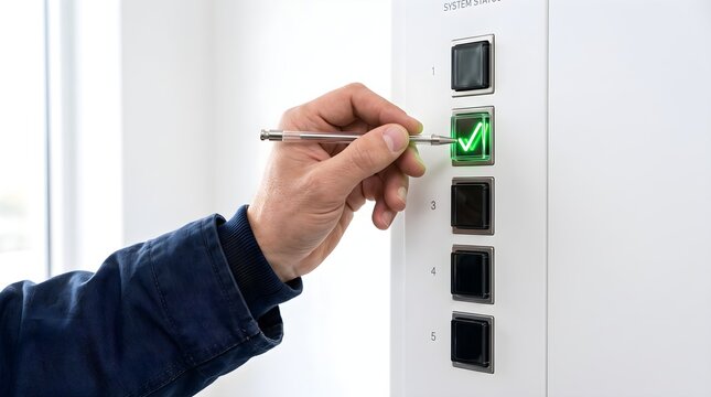 Engineer checking system status panel with green checkmark button.
