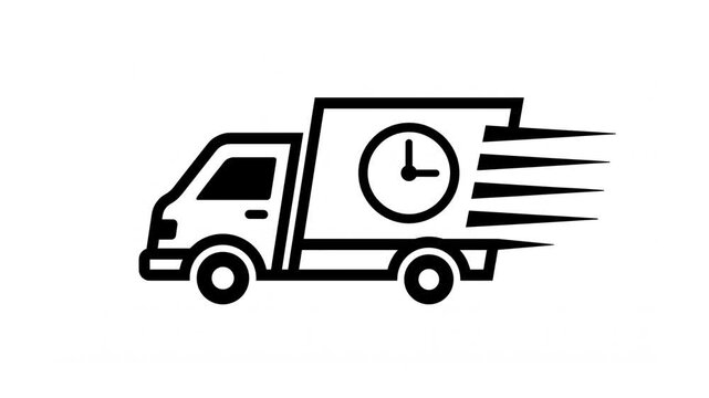 Fast delivery truck animation with moving clock symbol for express shipping and logistics concepts on white background.