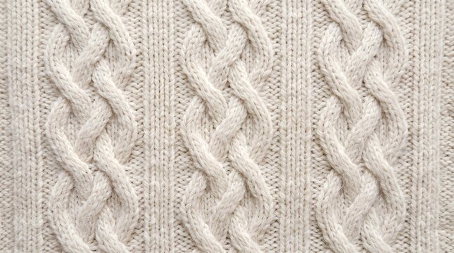 Cozy cream cable knit sweater fabric background close up