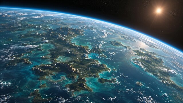 Earth viewed from space with vibrant oceans and sunlight shining  