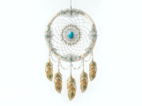 Ornamental dreamcatcher with turquoise gemstone center, woven net webbing, and dangling golden feather charms on white background