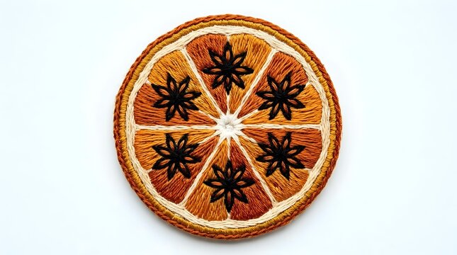 Dried orange slice decorated with star anise spices arranged in circular pattern on white background