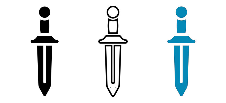 Three stylized sword icons with different colored handles isolated on white background, Vector